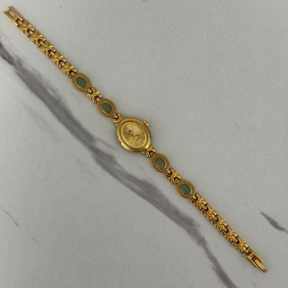 Sku 0439 cute gold mini watch bracelet with green natural stone inserts - Picture 5 of 7